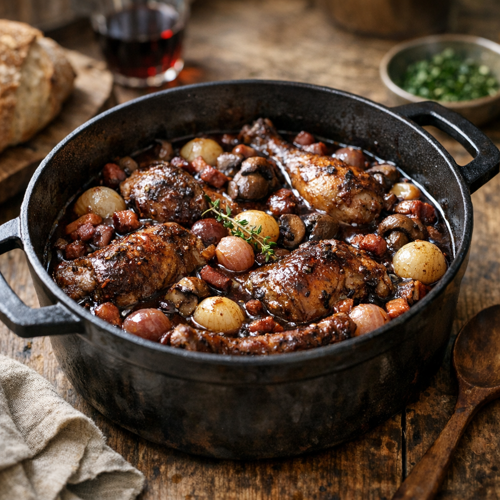 Le coq au vin recette grand-mère mérite du temps et du feu doux