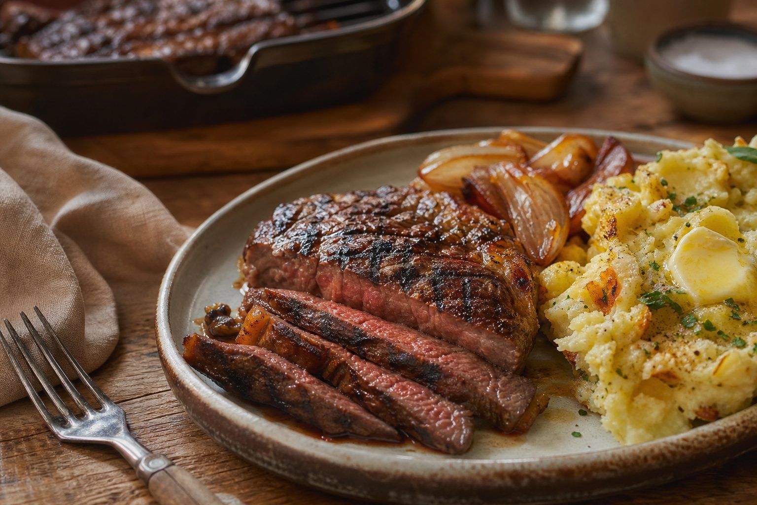 Basse-côte grillée, potatoes écrasées et échalotes fondantes