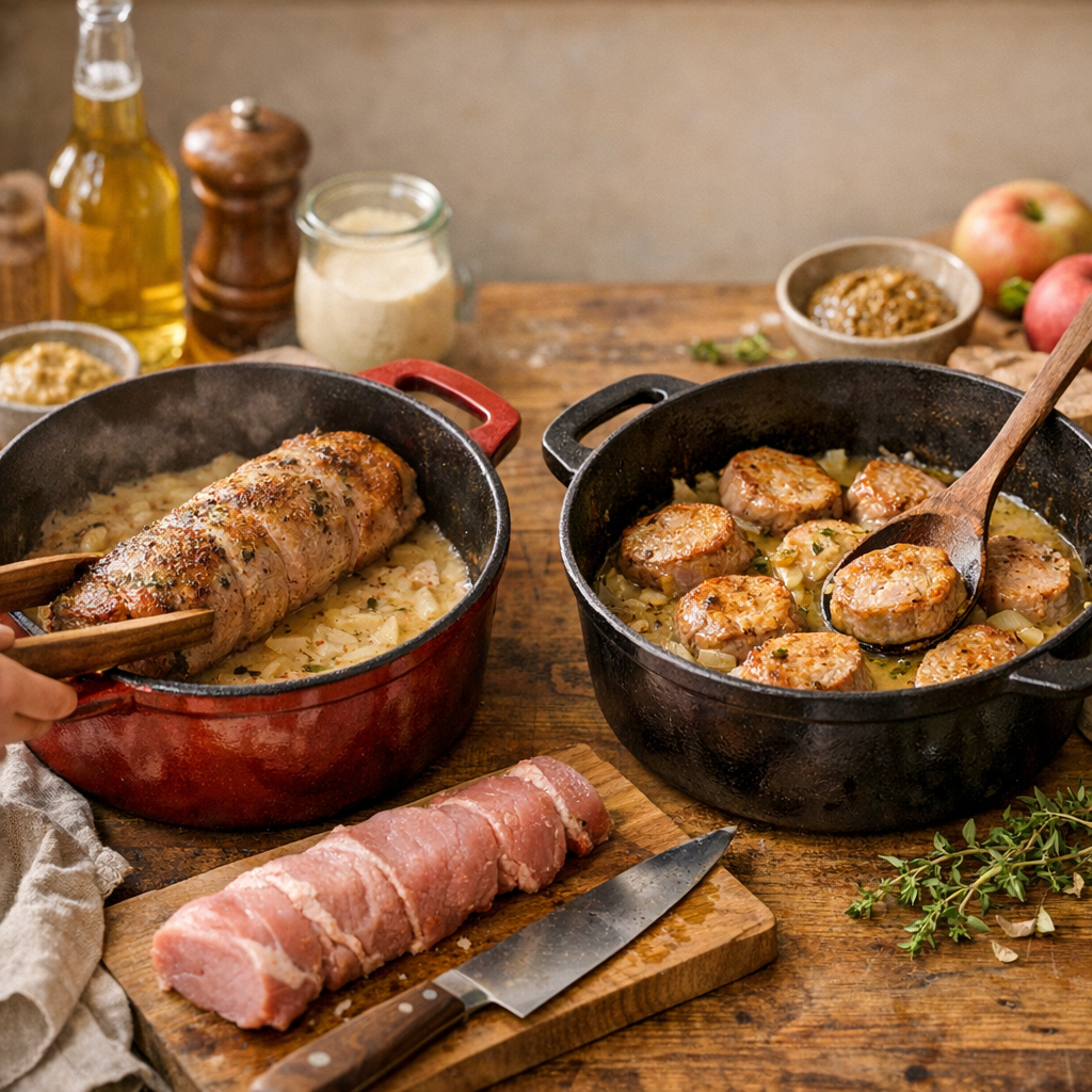 Faut-il cuire le filet mignon entier dans la cocotte, ou en médaillons pour une sauce au cidre ou à la moutarde ?