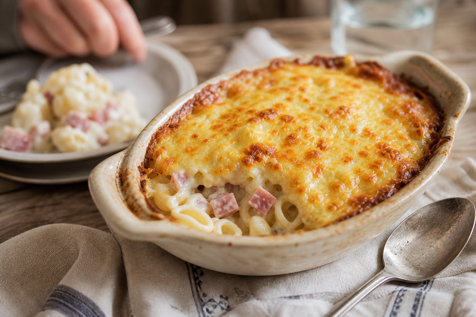 Le gratin de coquillettes au jambon reste crémeux et doré