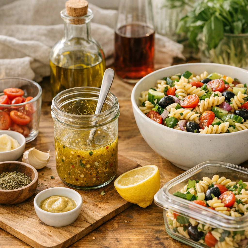 La meilleure recette de vinaigrette pour salade de pâtes : simple, équilibrée et pensée pour le lendemain