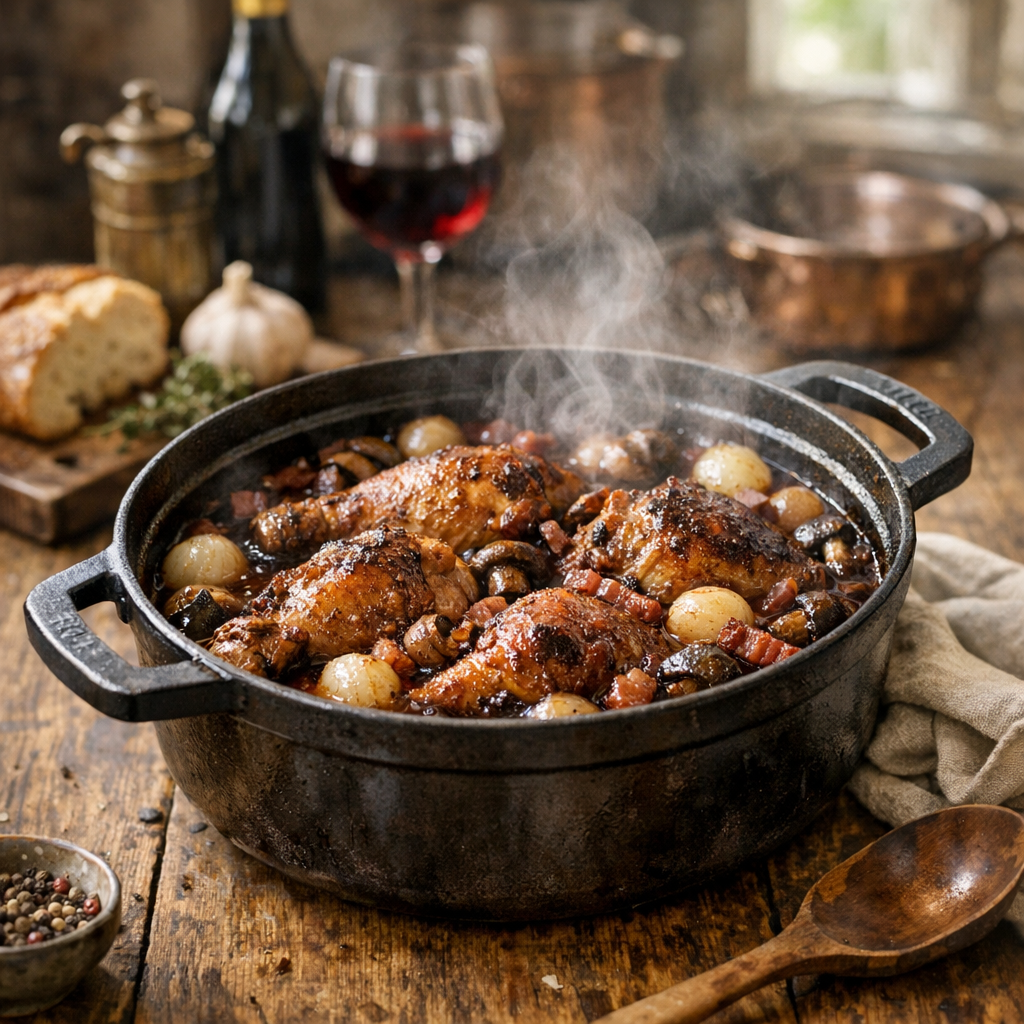 Le coq au vin traditionnel que je réussis en cocotte