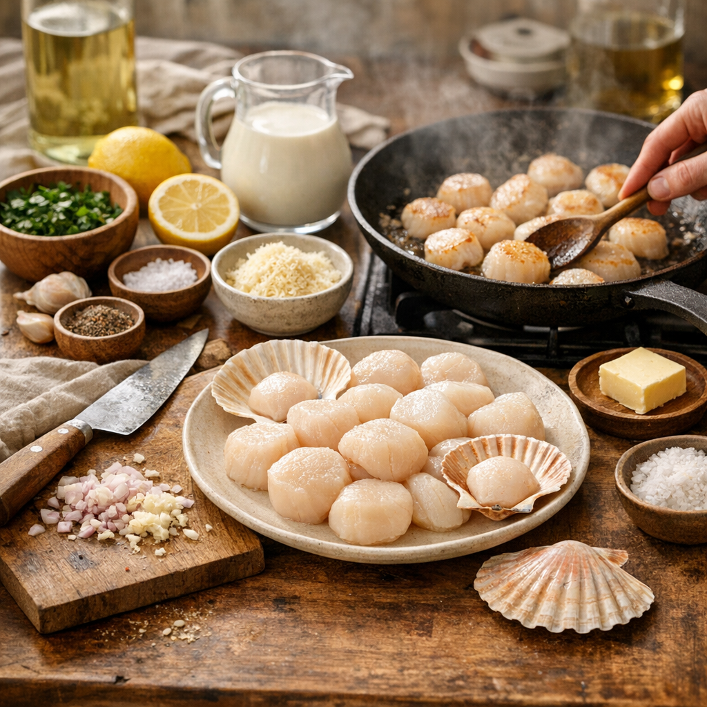Noix de Saint-Jacques à la crème : ingrédients, temps et geste technique