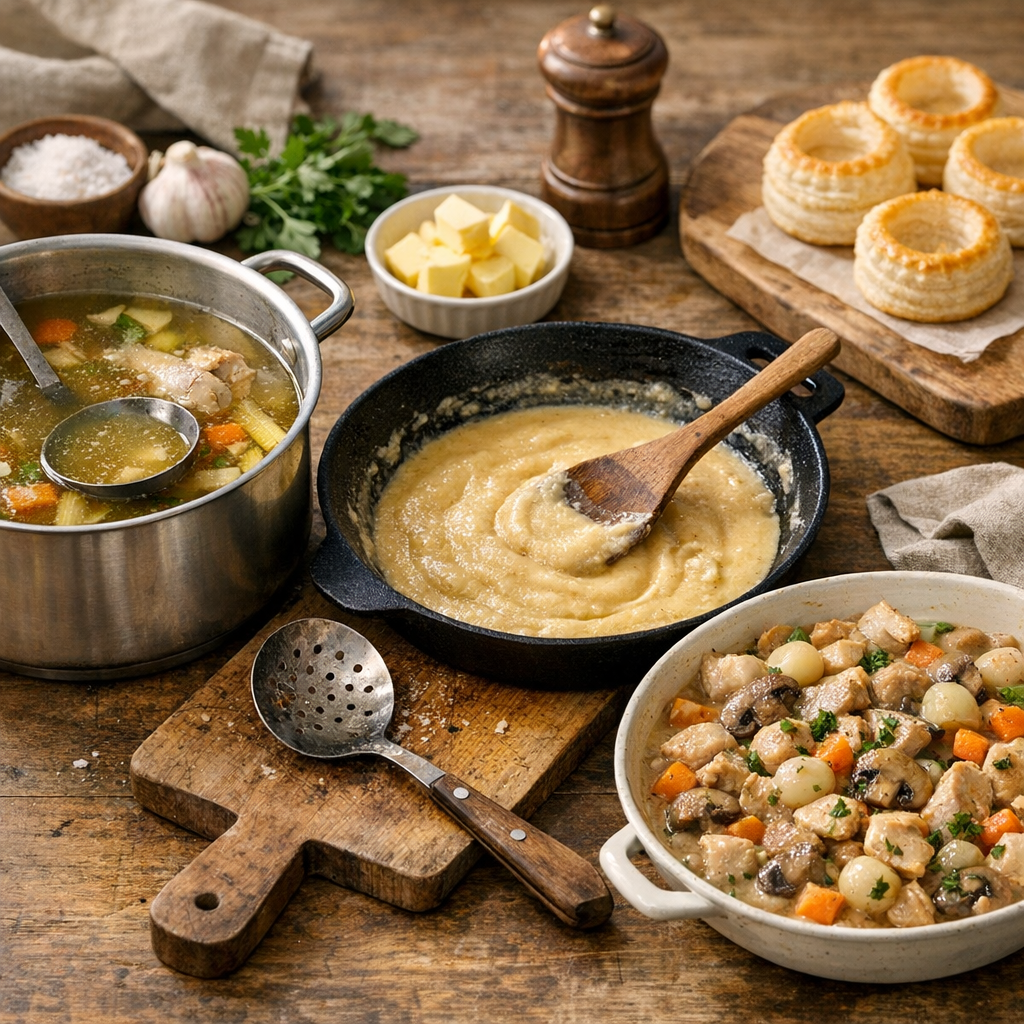 Préparation étape par étape : bouillon, roux et garniture cuite séparément