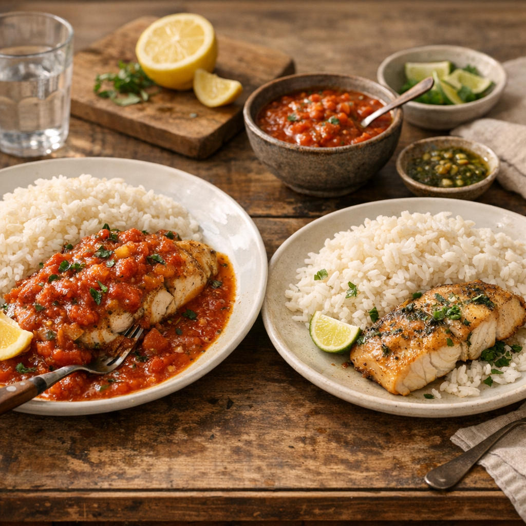 Quand on sert ensemble le riz et le poisson, faut-il napper tout le plat ou servir un condiment à part ?