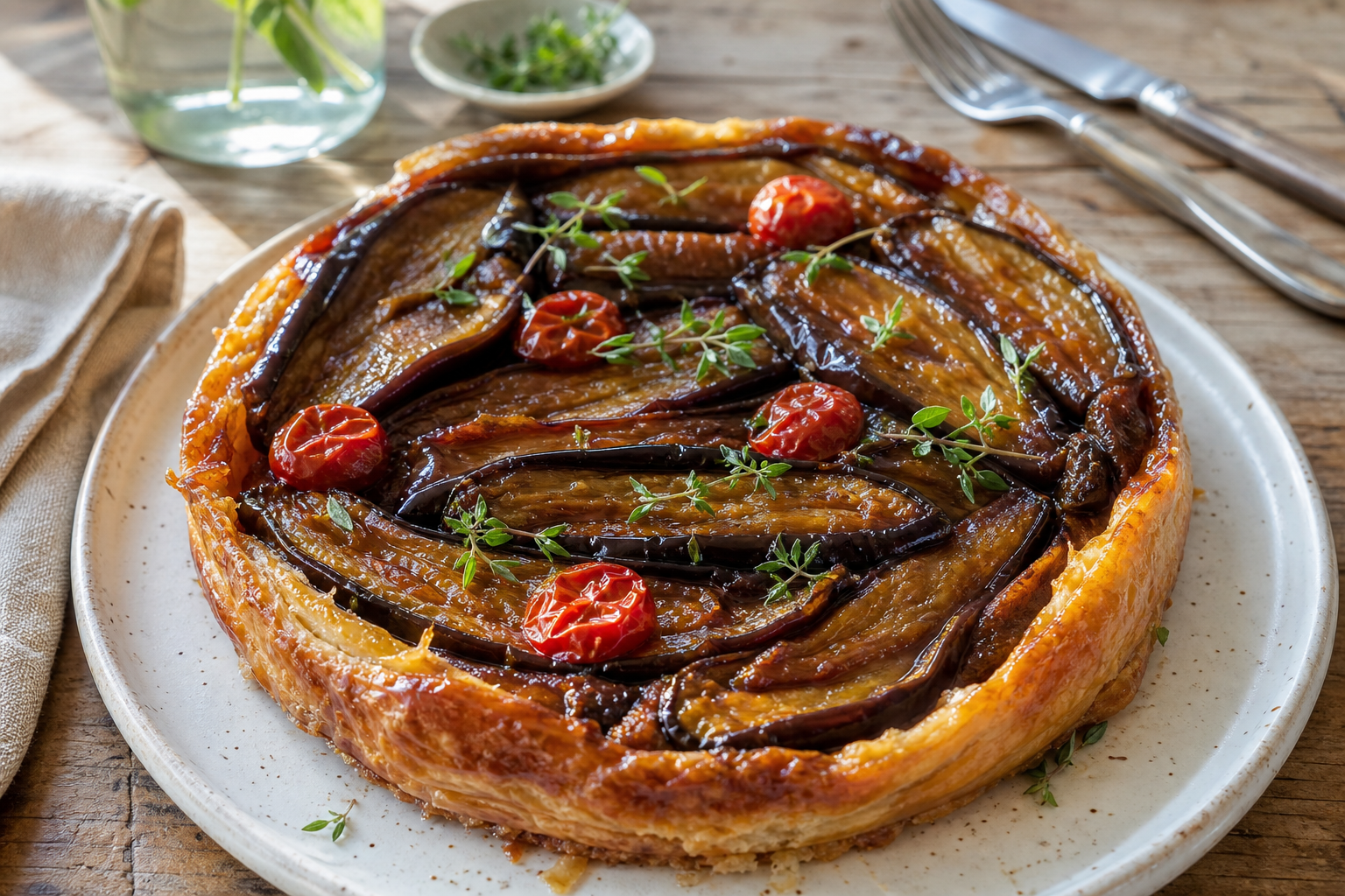 La tarte tatin d’aubergine garde sa pâte croustillante