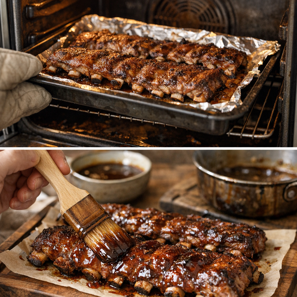Étapes clés de la recette : cuisson lente au four, puis finition laquée